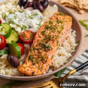 Zesty Greek Salmon & Herb Rice Bowls 10 Baked salmon filet with oregano and Greek flavors on top of rice with feta, olives and other toppings.