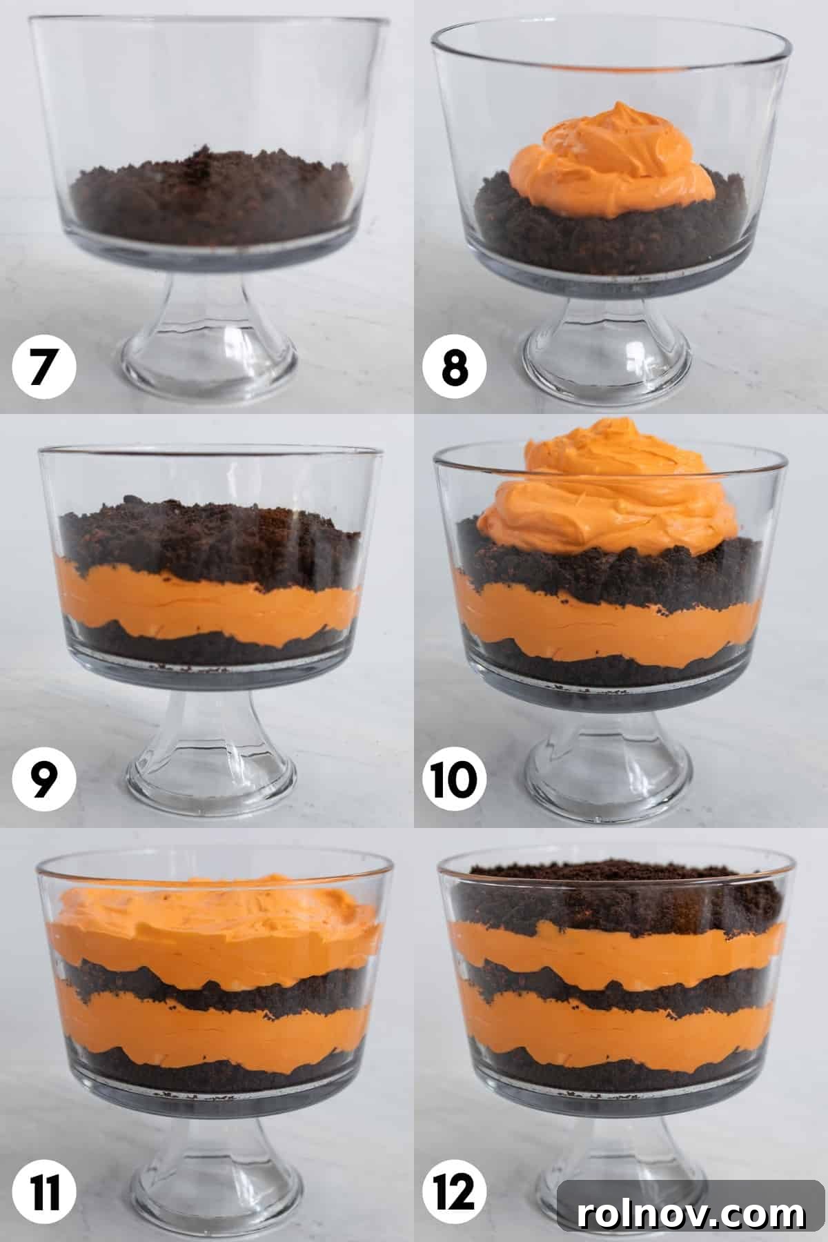 Halloween Oreo Graveyard Cake 5 Trifle bowl being layered with crushed Oreos and pudding layered in between.