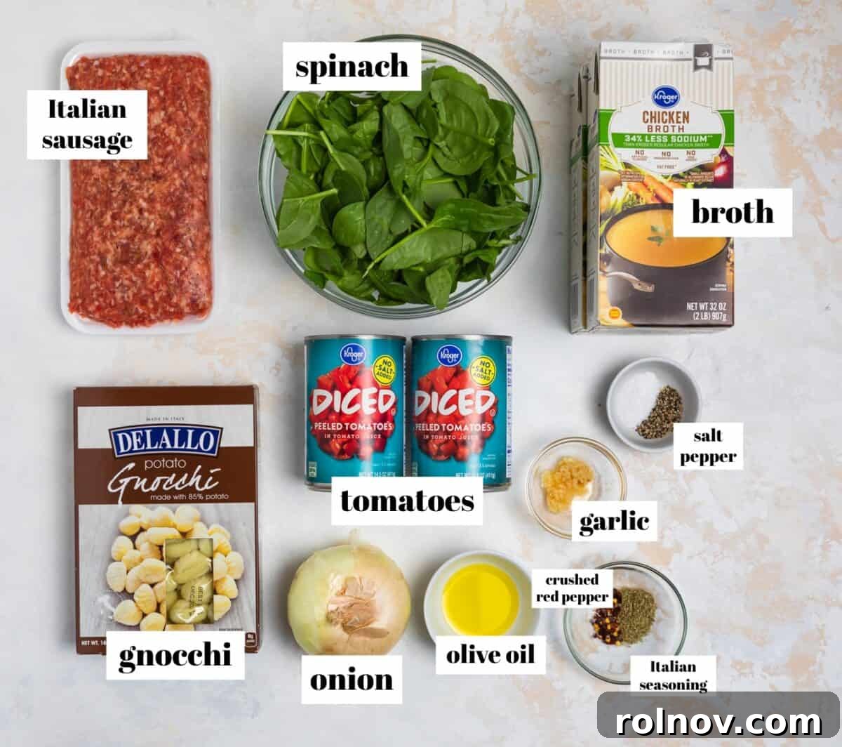 Hearty Sausage and Gnocchi Soup 3 Broth, gnocchi, spinach, sausage and other ingredients labeled on counter.