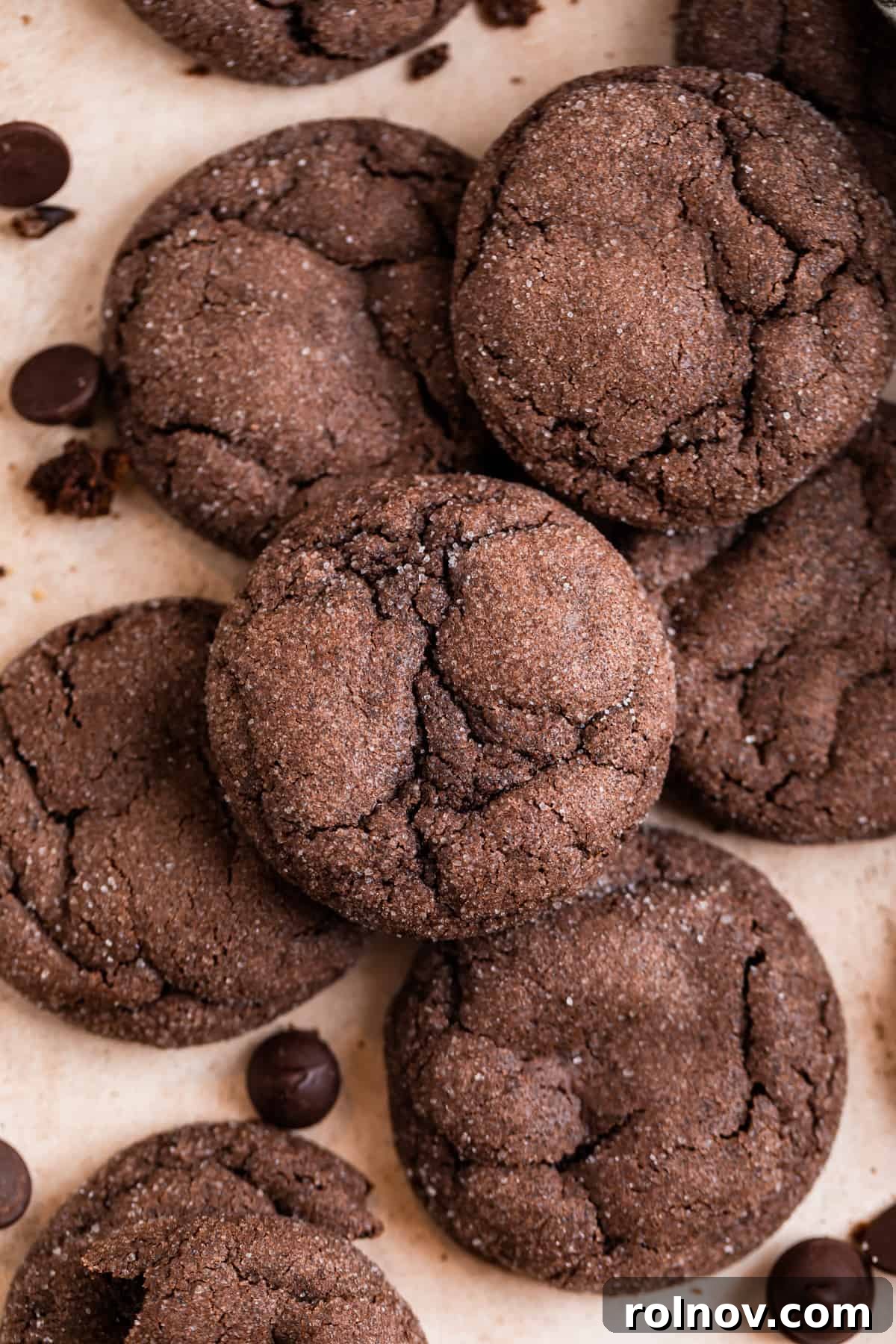 Effortless Chocolate Cake Mix Treats 10 A collection of chocolate cookies, artfully arranged on a kitchen counter, adorned with scattered chocolate chips and delicate crumbs, creating an inviting scene.