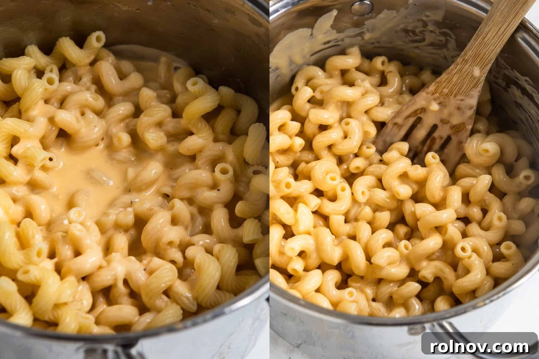Gourmet Cheddar Gruyère Mac and Cheese 6 Pot with cheese sauce poured over pasta and then stirred together.
