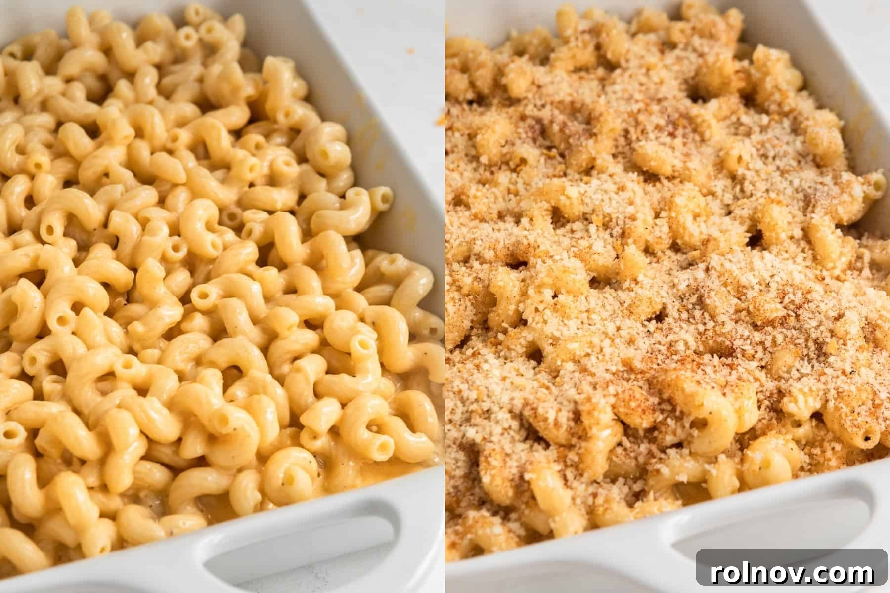 Gourmet Cheddar Gruyère Mac and Cheese 7 Gruyere mac and cheese in casserole dish before baking with breadcrumbs on top.