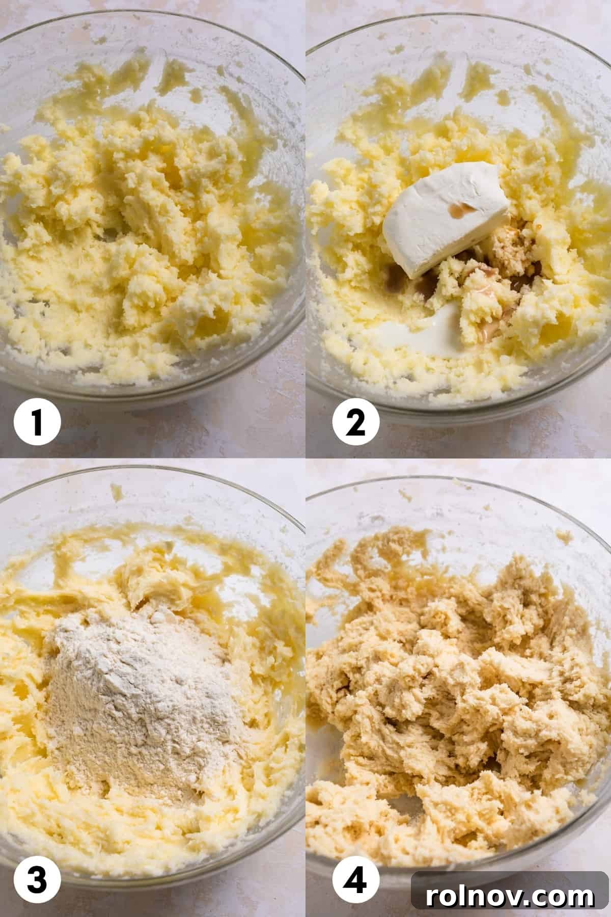 A series of images showing the progressive stages of making cookie dough in a glass mixing bowl, from creaming butter and sugar to the final combined dough.