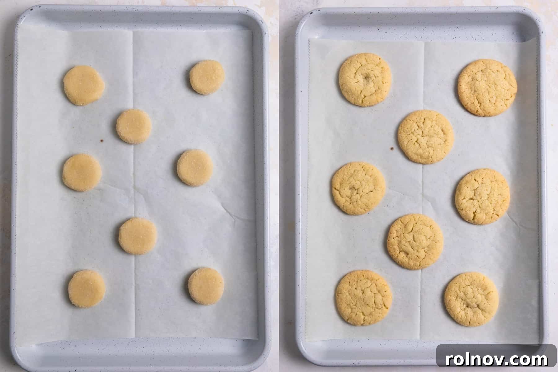 A comparison photo showing flattened eggless cookie dough on a baking sheet before baking, alongside the same cookies after they are perfectly baked with crinkled tops.