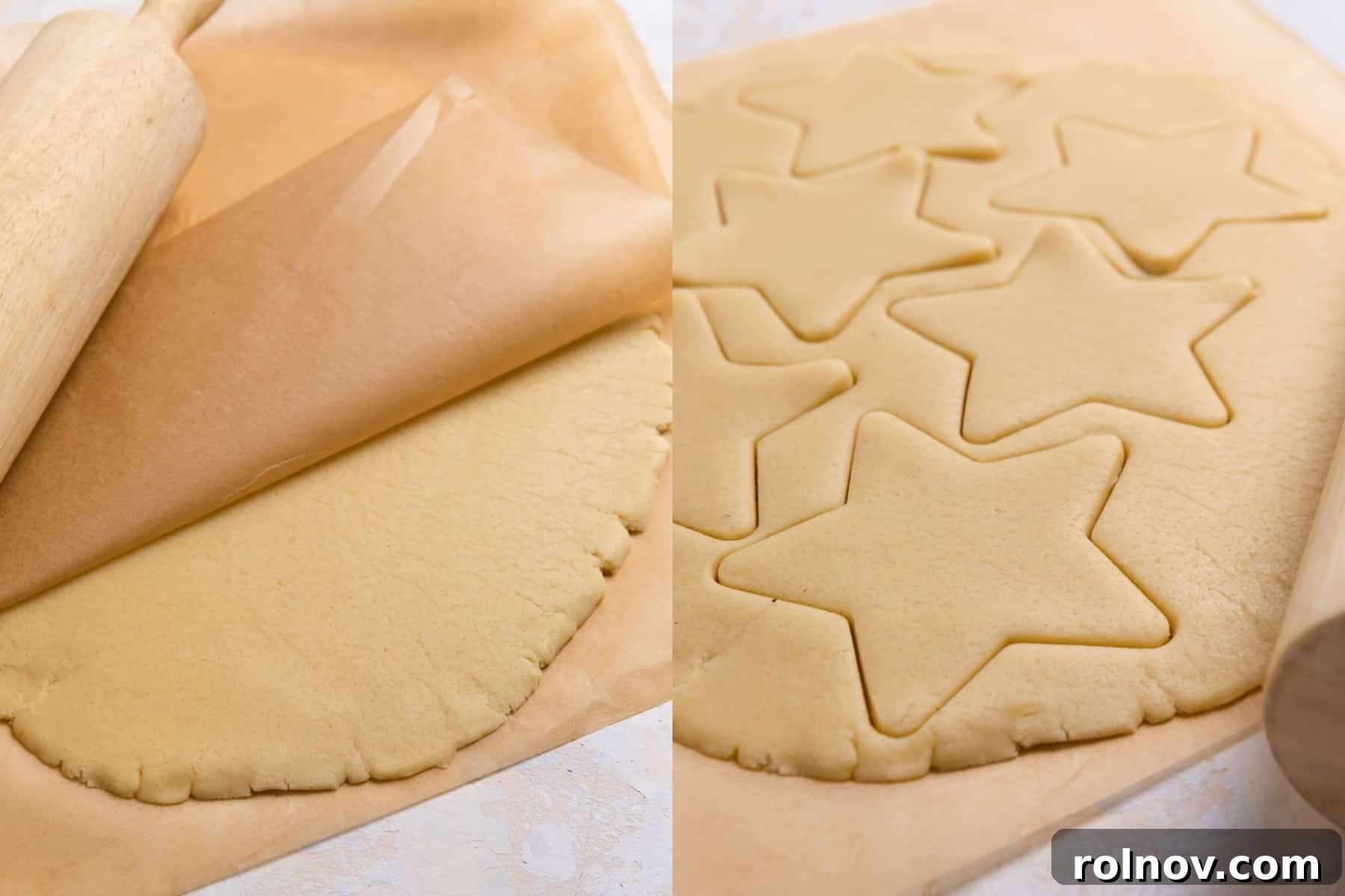 Rolled egg-free sugar cookie dough between parchment paper, followed by star-shaped cut-outs placed on a baking sheet, ready for the oven.