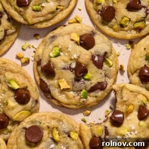 Pistachio chocolate chip cookies arranged on surface.