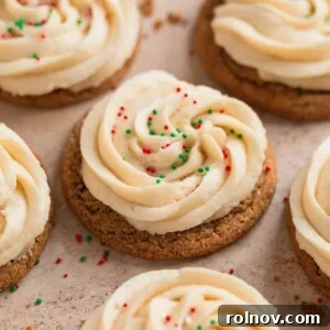 Ginger cookies with buttercream frosting and red and green sprinkles.