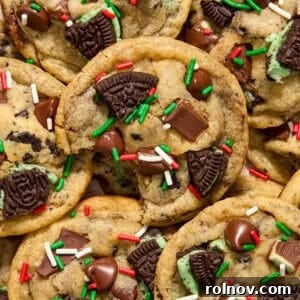 Mint chocolate chip cookies with holiday sprinkles.