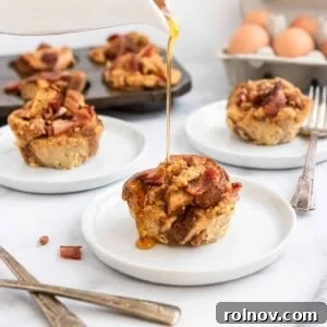 Maple bacon French toast muffins on a plate, ready to be served.