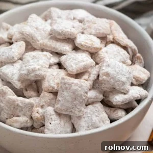 A delectable bowl of cinnamon puppy chow Chex mix, also known as muddy buddies, perfect for a sweet and crunchy treat.