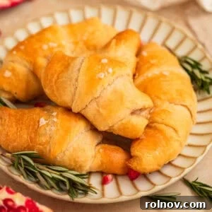 Flaky, golden crescent rolls topped with glistening sea salt, stuffed with creamy brie, ruby pomegranate seeds, and fresh rosemary.