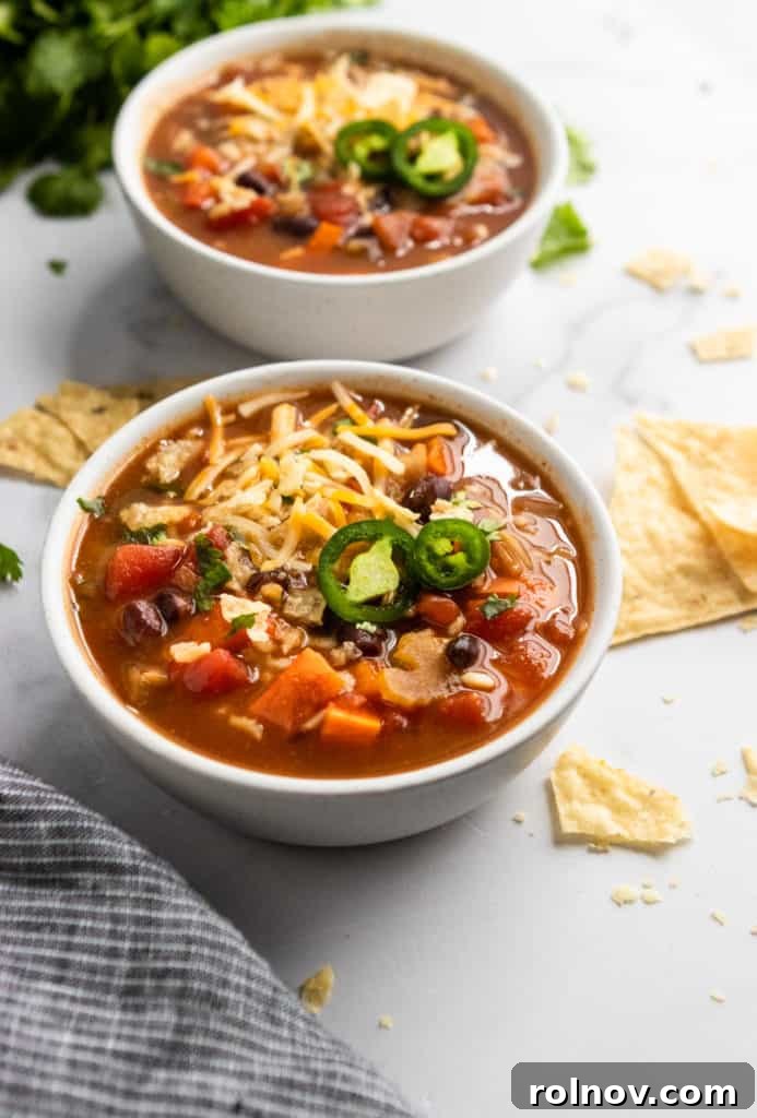 Hearty Black Bean and Rice Soup 2 A vibrant bowl of Black Bean and Rice Soup, garnished with shredded cheese and fresh cilantro, with a hint of jalapeño.