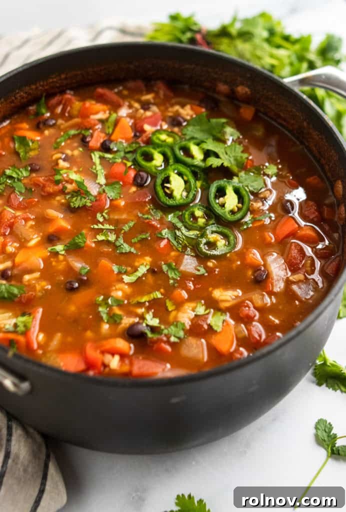 Hearty Black Bean and Rice Soup 3 A large pot filled with rich, chunky Black Bean and Rice Soup, ready to be served.