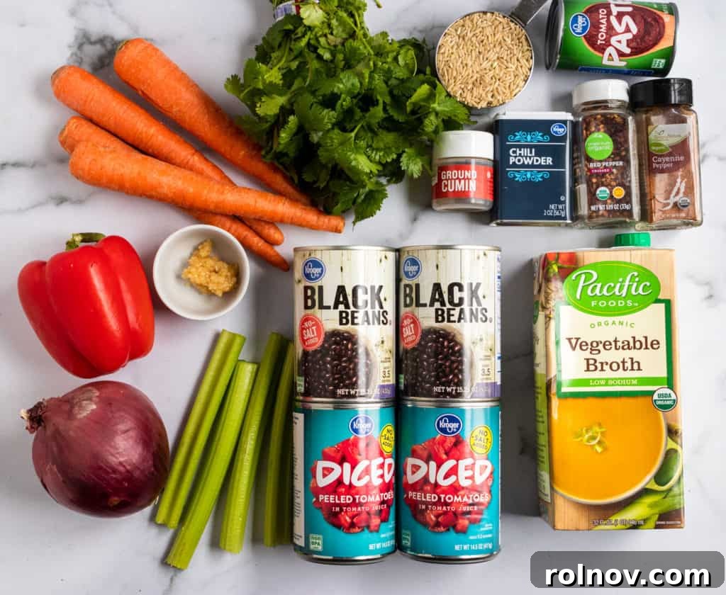 Hearty Black Bean and Rice Soup 4 A collection of fresh vegetables, canned goods, and spices laid out, representing the ingredients needed to make bean and rice soup.