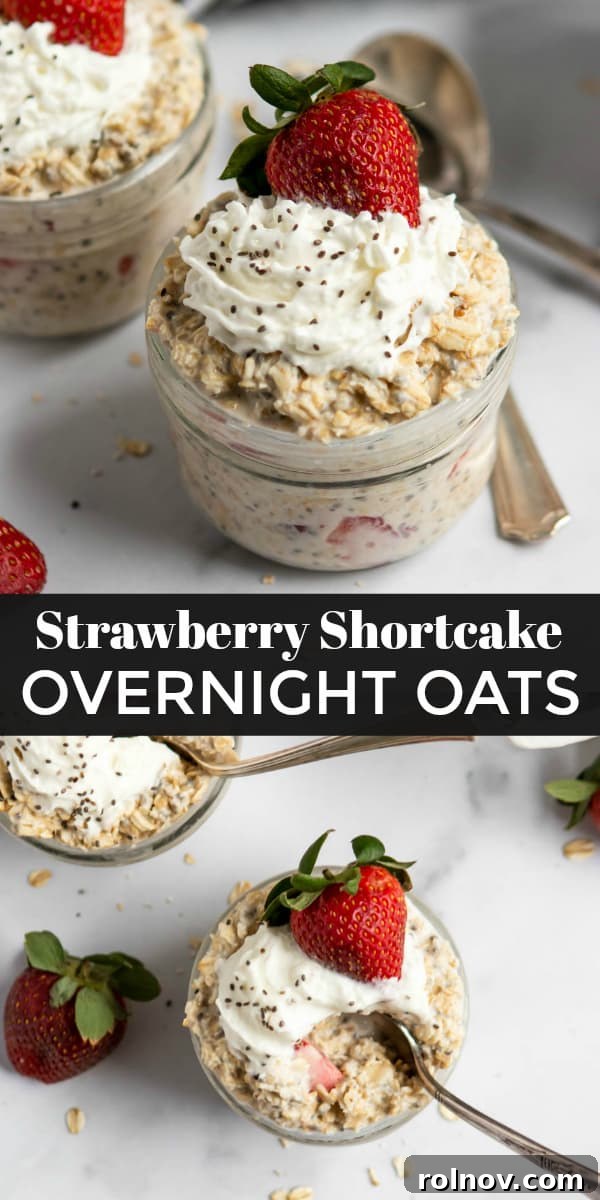 Dreamy Strawberry Shortcake Overnight Oats 8 A beautifully presented jar of Strawberry Shortcake Overnight Oats, ready for a healthy and quick breakfast, perfect for meal prepping. Hashtags included: #overnightoats #oatmeal #breakfast #mealprep #breakfastonthego #strawberryshortcake #simplerecipe