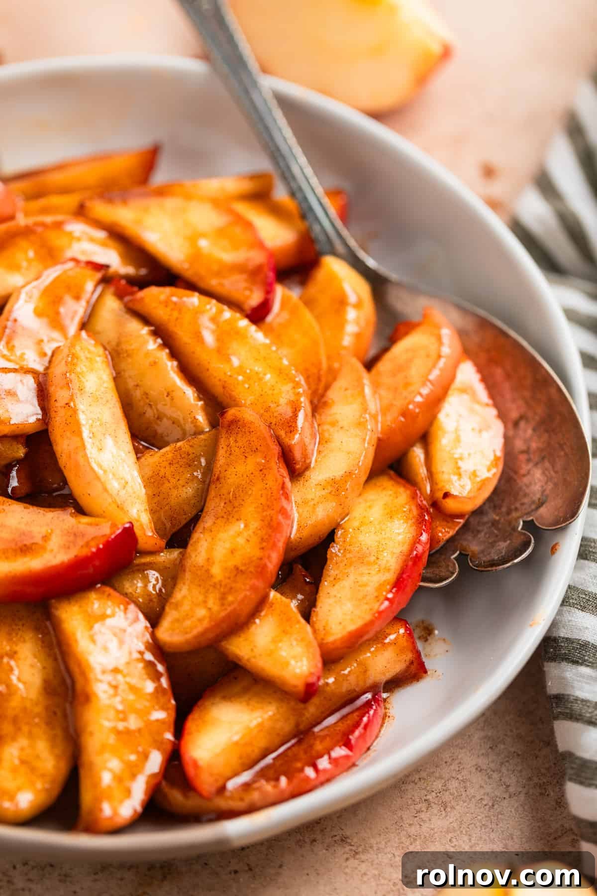 Air Fryer Cinnamon Apple Slices 2 A charming dish filled with perfectly cooked cinnamon air fryer apples, ready to be served with a small spoon.