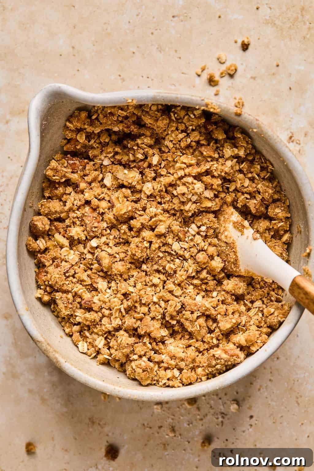 Spiced Pumpkin Crumble 9 Prepared oat crumble topping in bowl before baking.