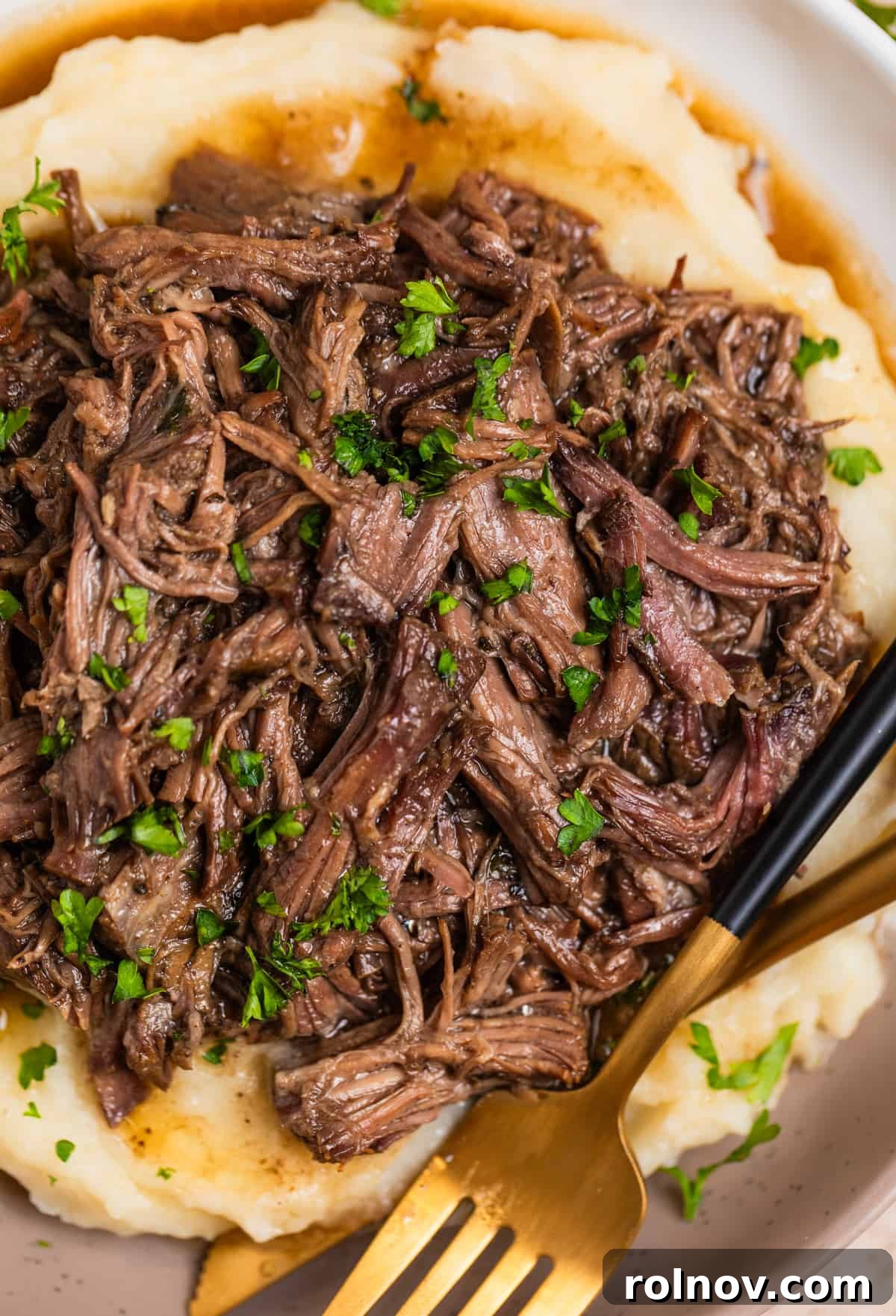 Overhead view of plate with pulled beef in juices over mashed potatoes and topped with chopped herbs.