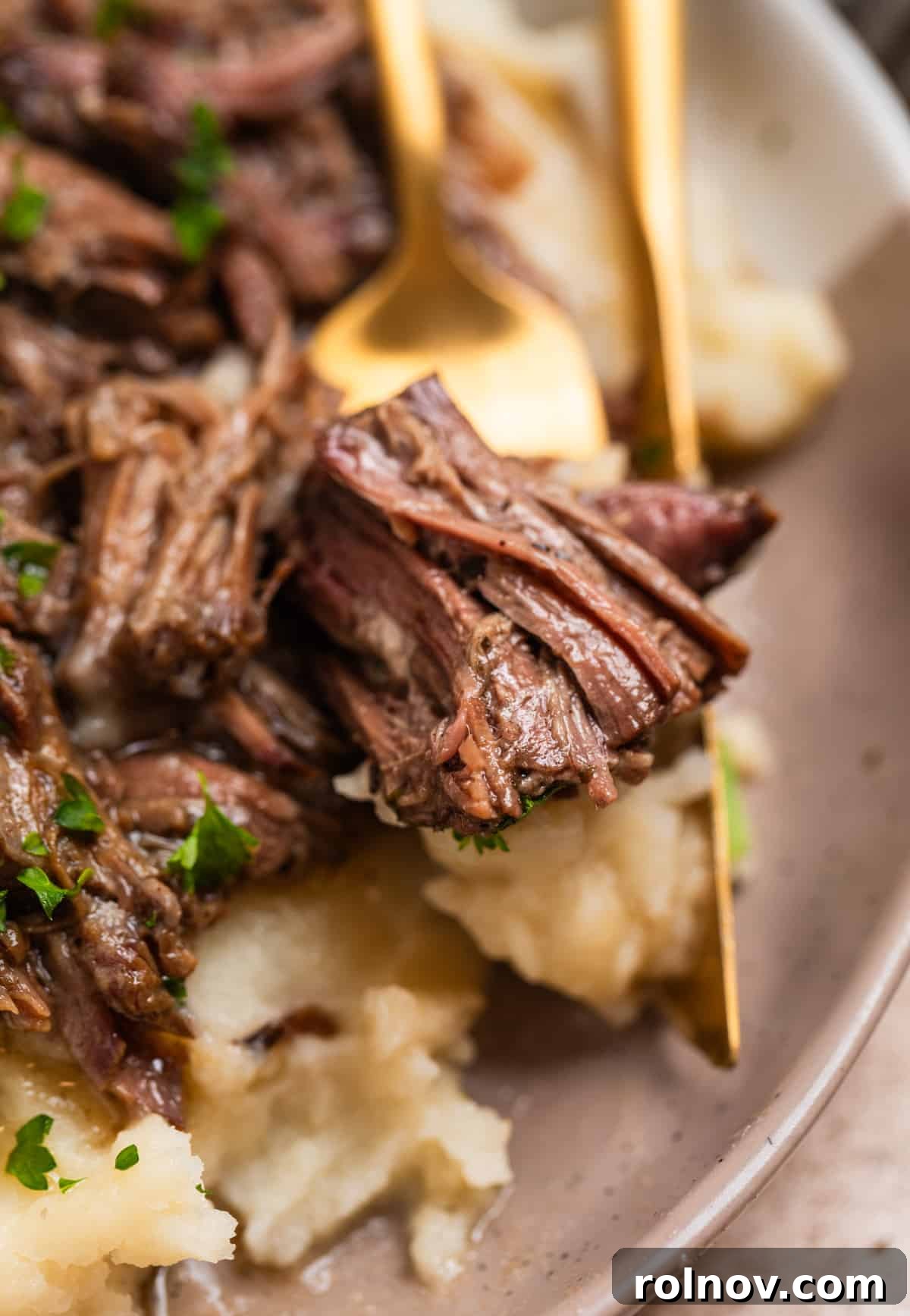 Piece of shredded beef on fork with mashed potatoes on plate.
