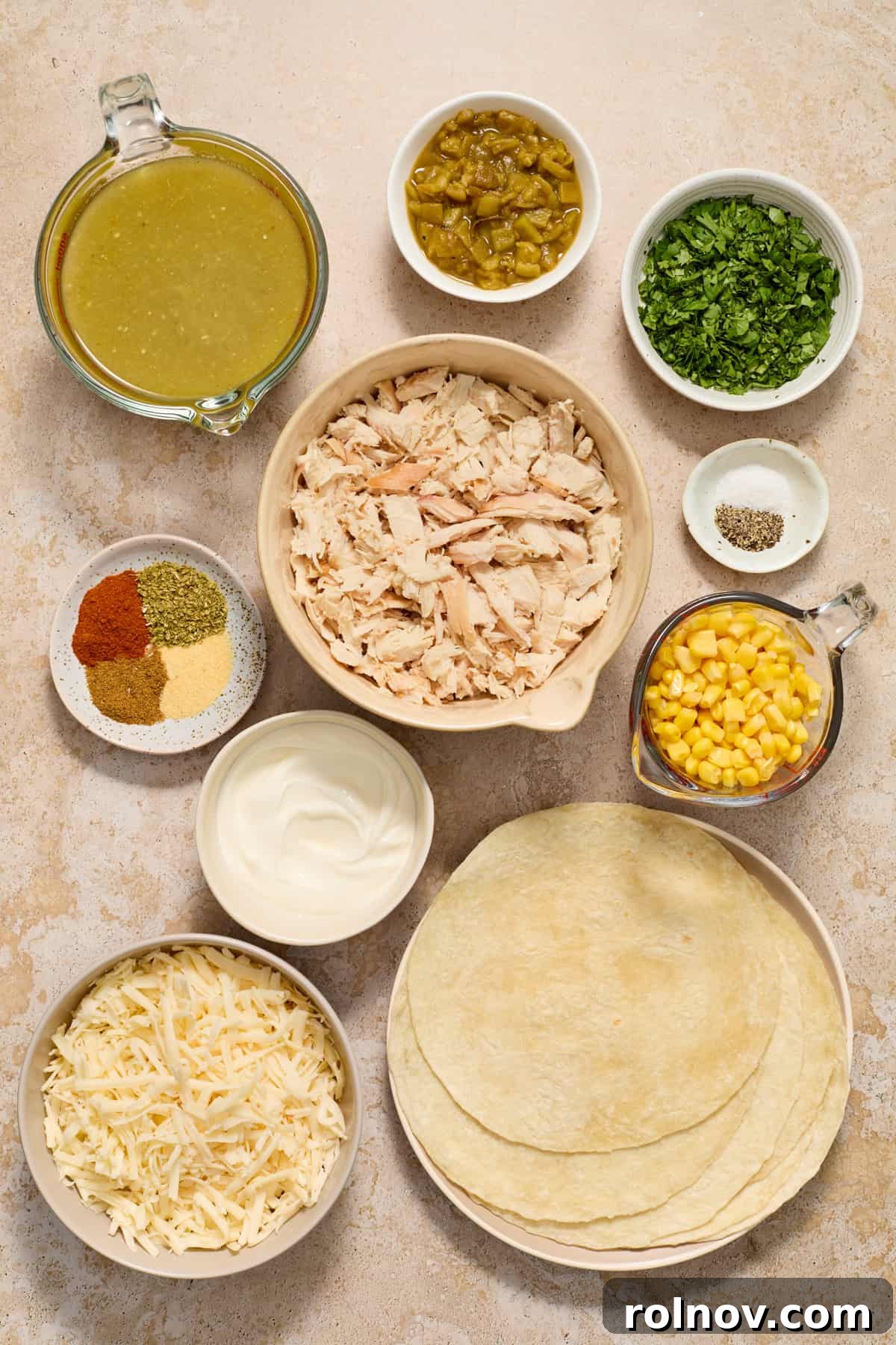 Zesty Verde Chicken Enchiladas 3 Ingredients to make green chicken enchiladas on counter.