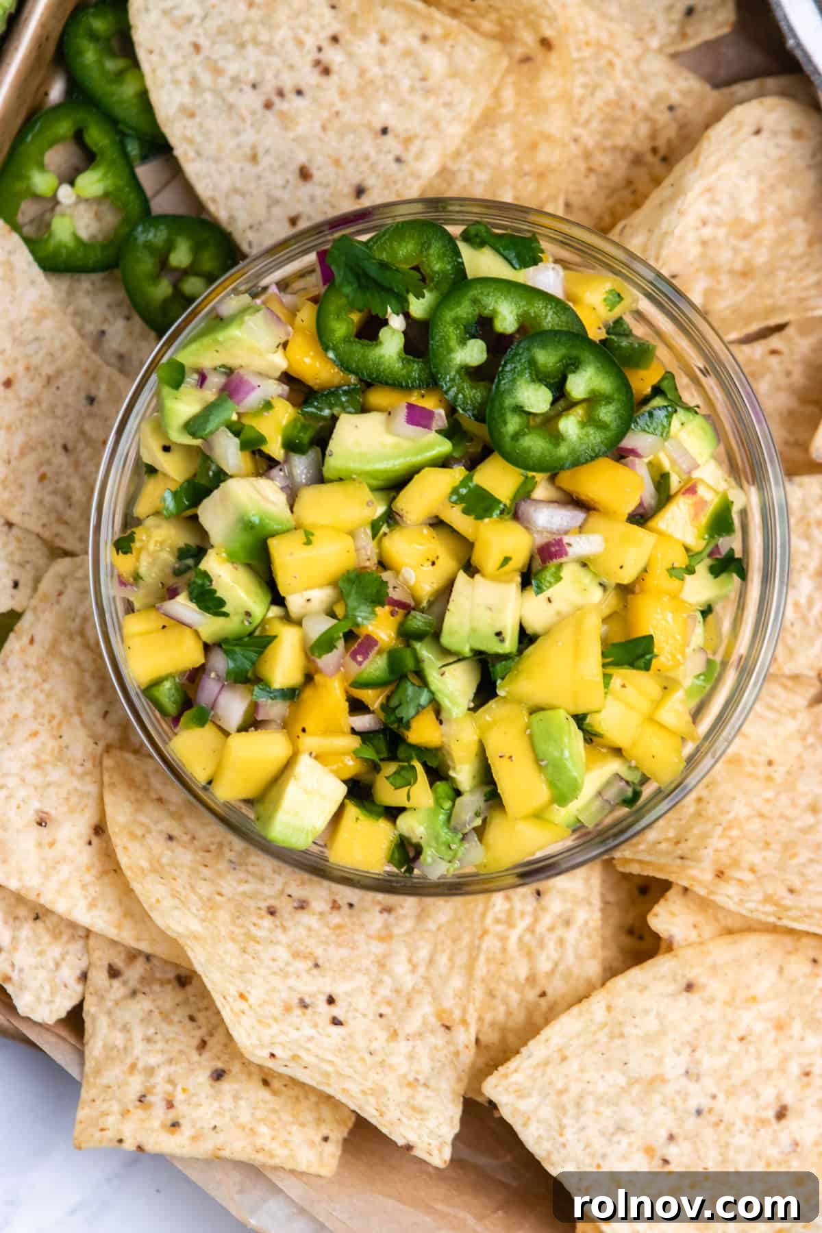 A bowl of vibrant Mango Avocado Salsa, garnished with fresh cilantro, surrounded by crispy tortilla chips and a whole jalapeño pepper, ready to be enjoyed.