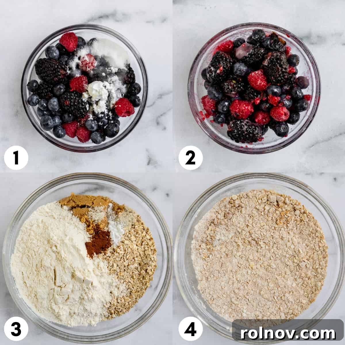 Golden Berry Crumble Bars 5 Berries and sugar in bowl and oats and flour in another.