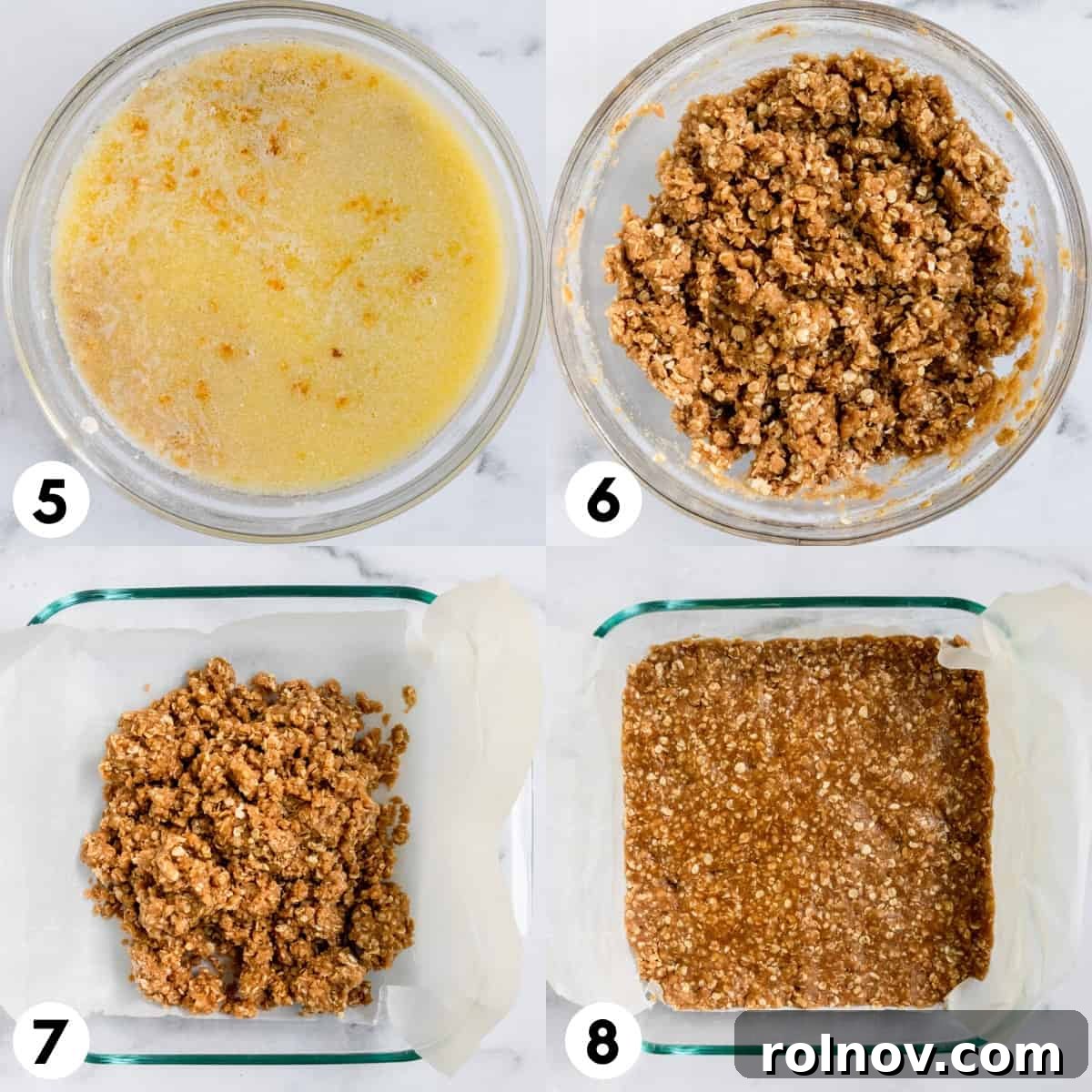 Golden Berry Crumble Bars 6 Butter and oats mixture in bowl and oat mixture pressed into baking pan.