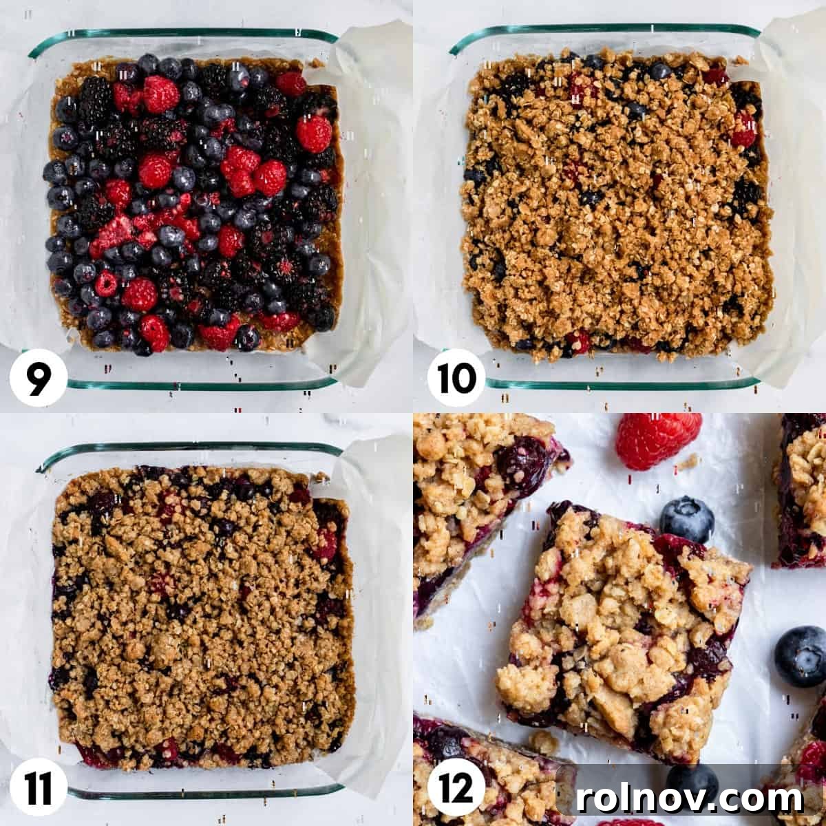Golden Berry Crumble Bars 7 Berry mixture on top of oat mixture in baking pan.