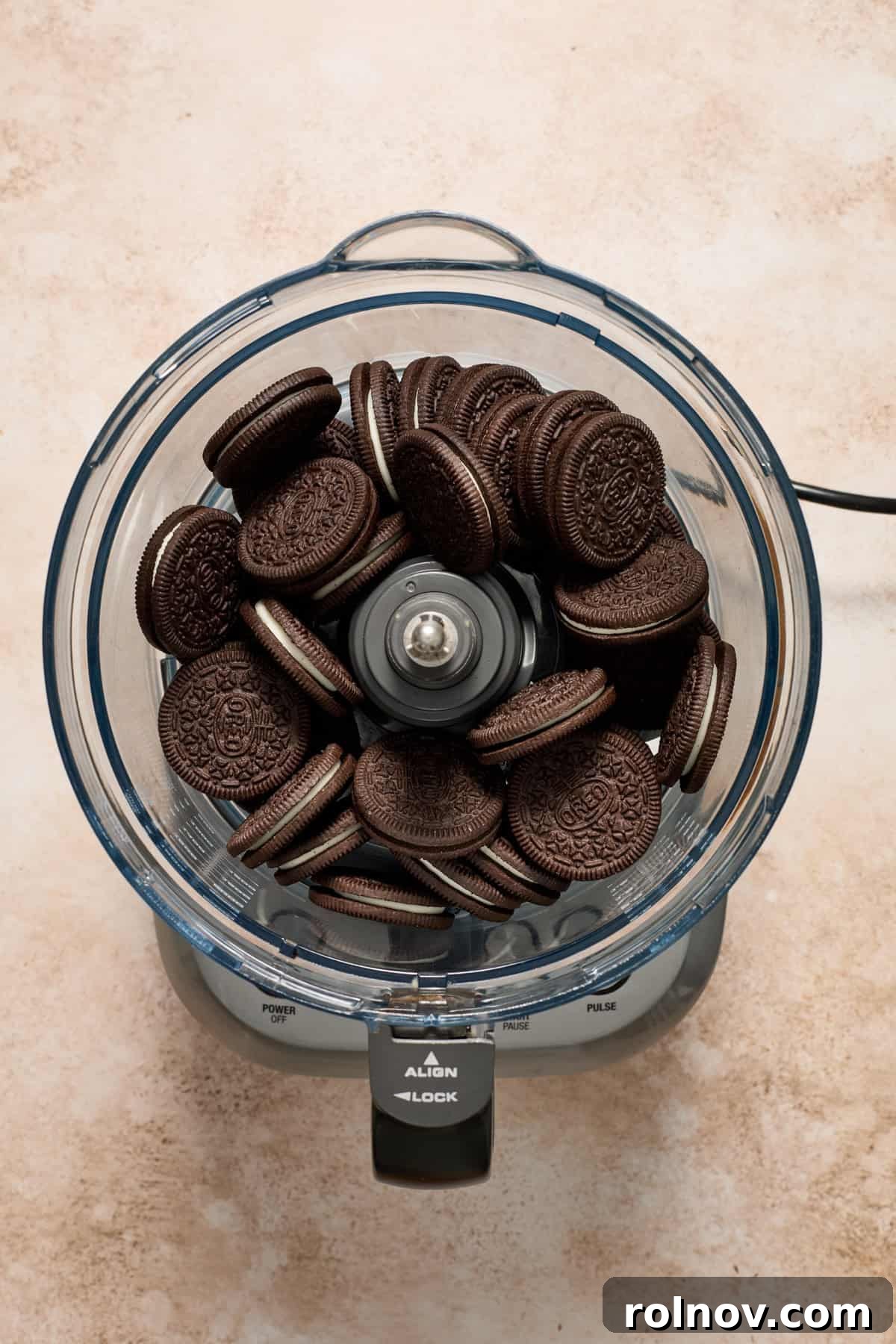 Velvety No Bake Chocolate Pie 5 Oreo cookies in food processor.