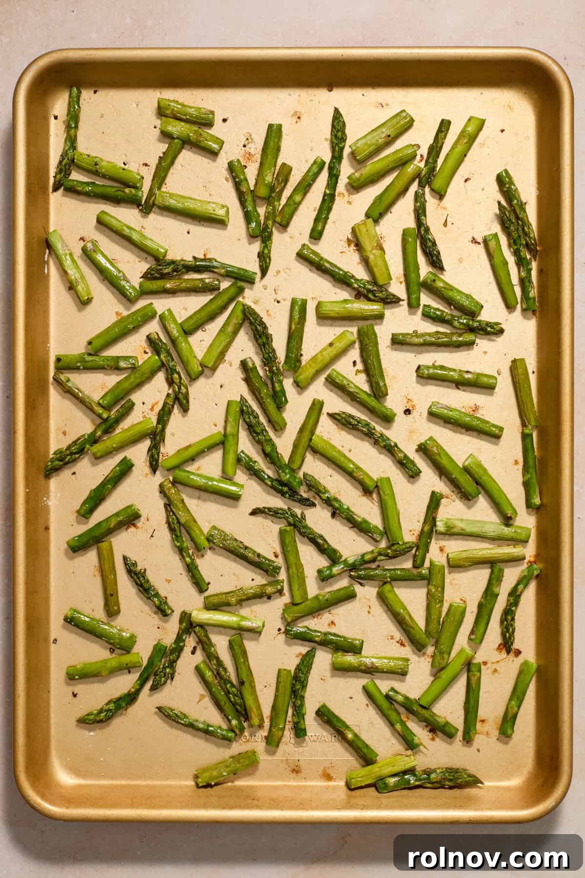 Springtime Pea and Asparagus Risotto 5 Roasted asparagus on sheet pan.