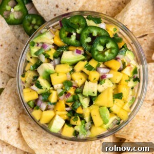 Overhead view of mango avocado salsa in bowl with chips.