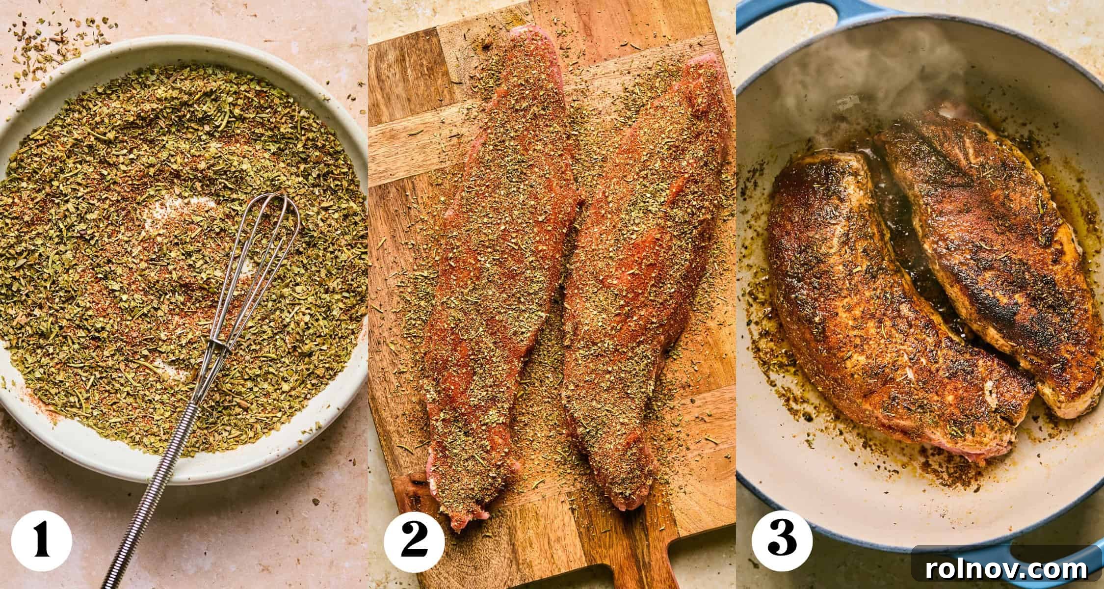 Succulent Dutch Oven Pork Tenderloin 4 Pork tenderloin rub in bowl and then covering pork tenderloin on wood board. In third photo, pork is seared in pan.