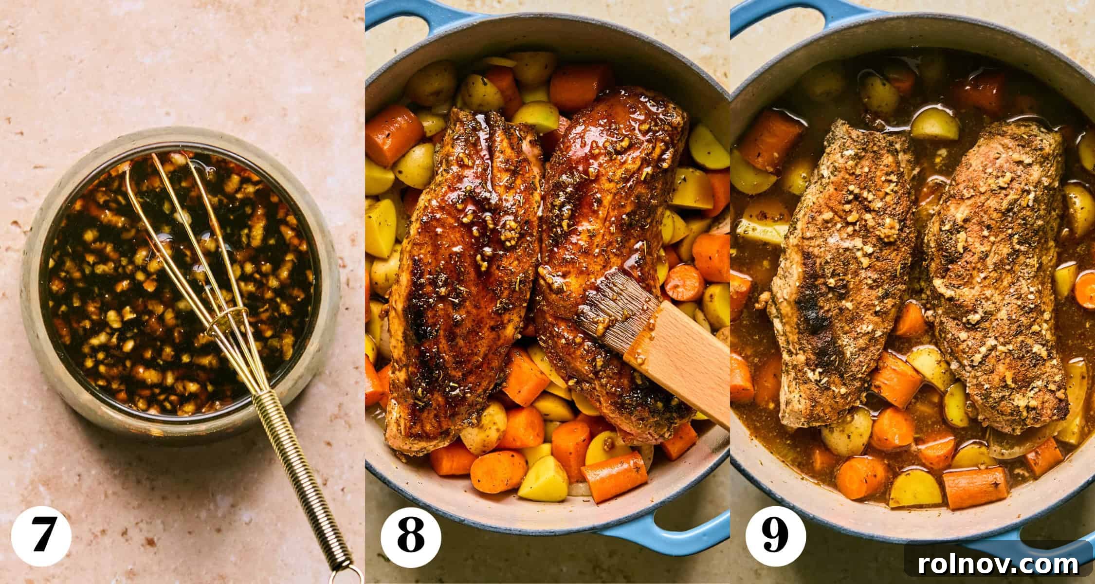 Succulent Dutch Oven Pork Tenderloin 6 Whisk in bowl with honey garlic glaze, then glaze being brushed on top of pork tenderloin and finally cooked pork tenderloin with vegetables in dutch oven.