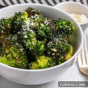 Elevate Your Gnocchi Side Dishes That Shine 22 Air Fryer Broccoli in bowl with parmesan on top.