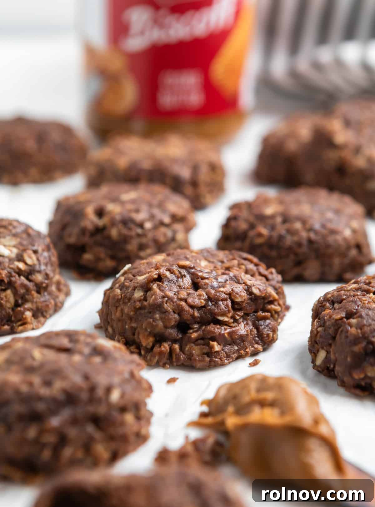 No bake cookie butter cookies on parchment.