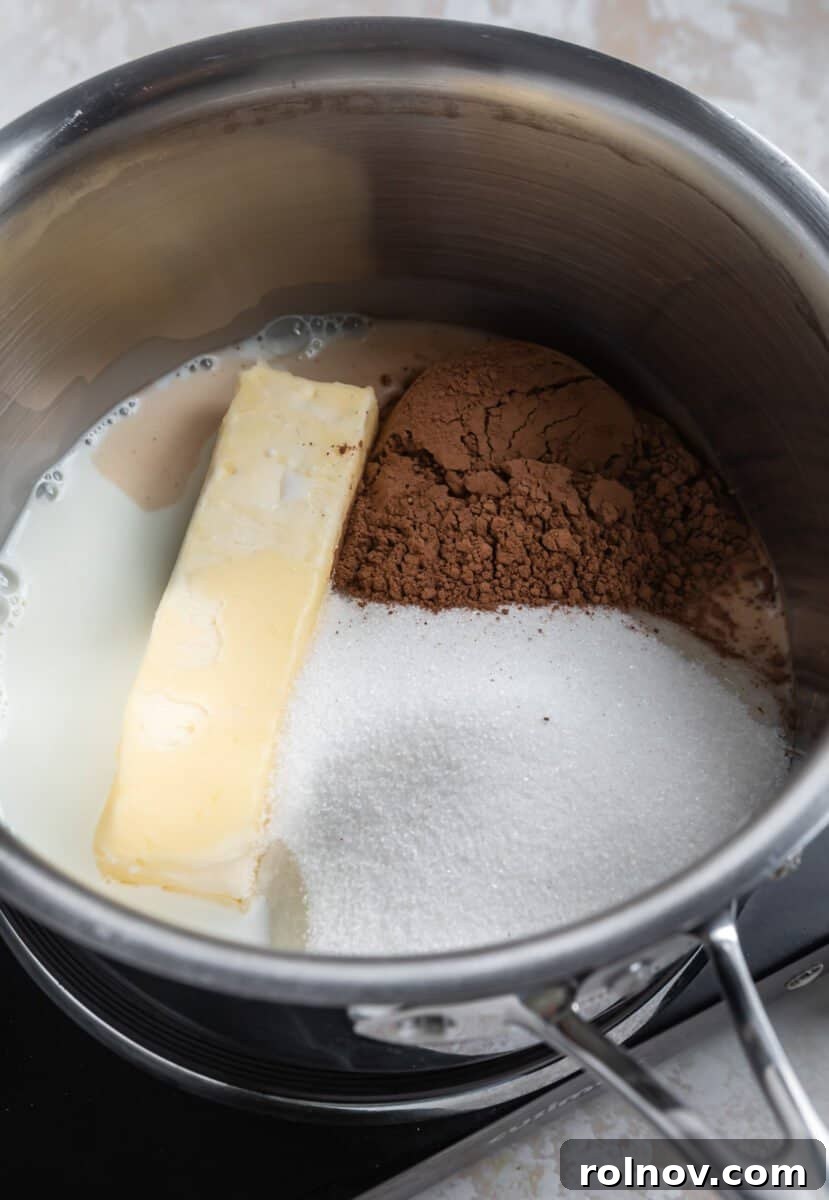 Butter, sugar and cocoa powder in sauce pan.