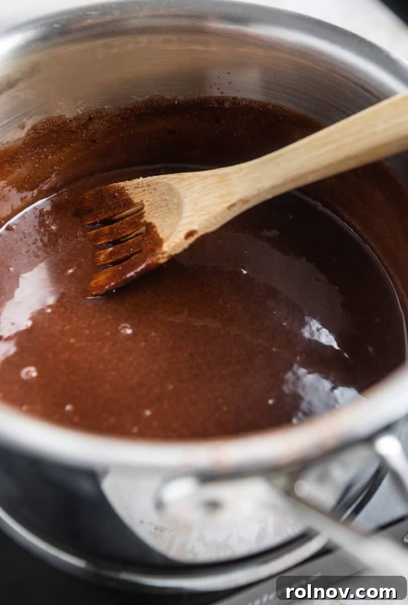 Melted chocolate mixture in sauce pan.