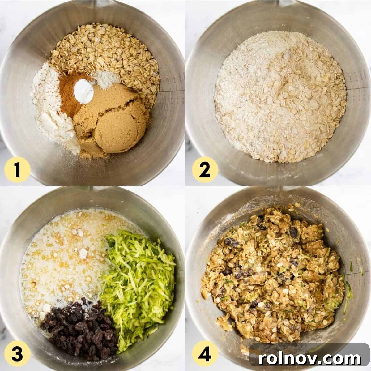 Close-up of brown sugar, oats, flour, cinnamon, and other dry ingredients being stirred together in a mixing bowl for zucchini oatmeal bars.