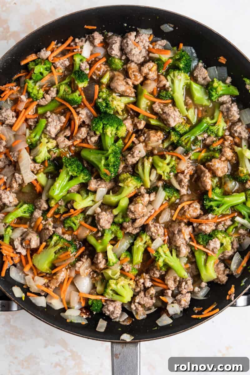 Sticky Teriyaki Pork Stir Fry 10 Finished Ground Pork Teriyaki Stir Fry in a skillet, ready to be served.