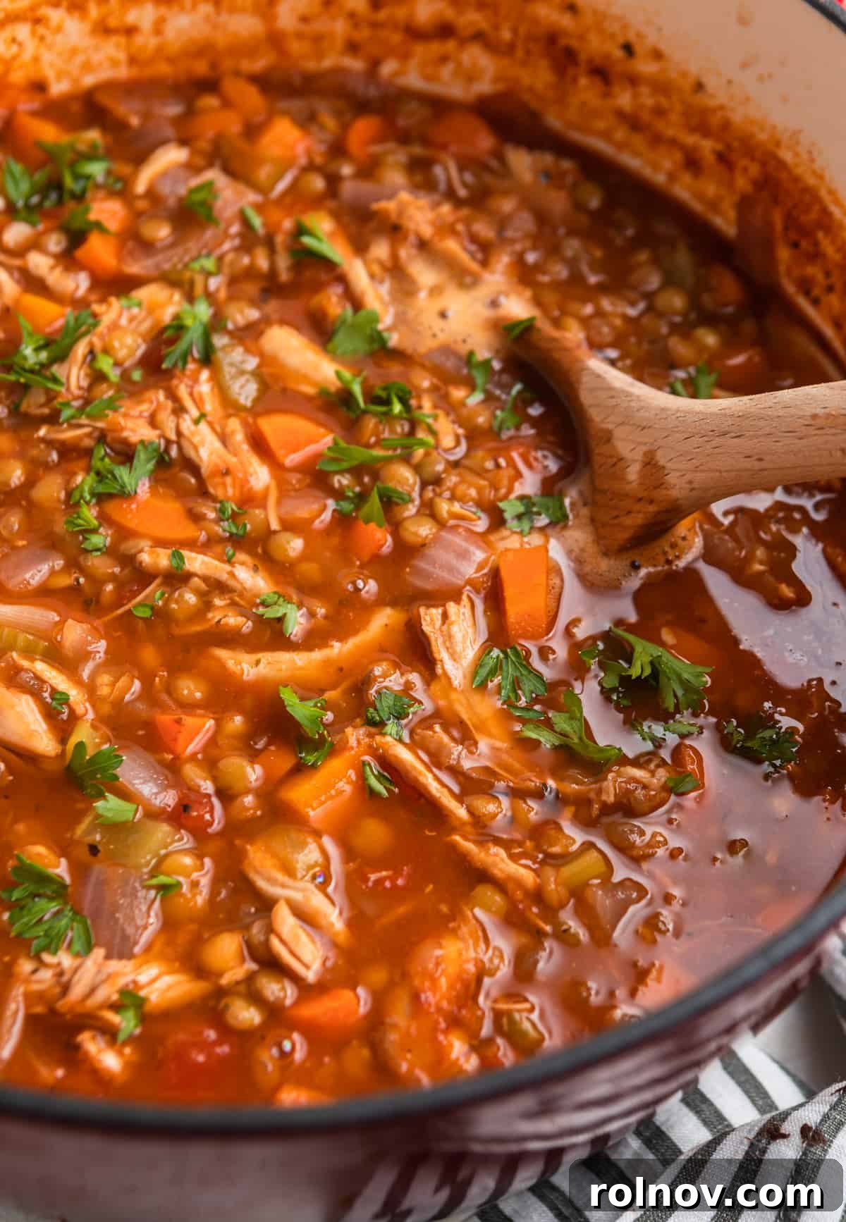 Soup pot with cooked turkey lentil soup and wood spoon.