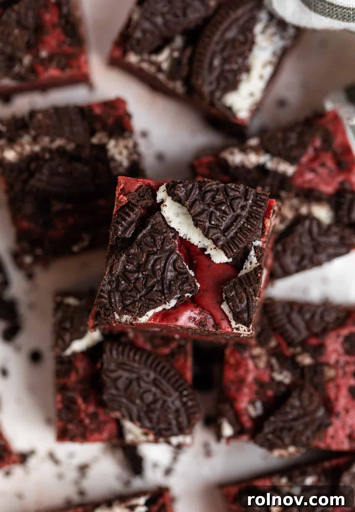 No bake red velvet fudge with Oreos crushed on top.