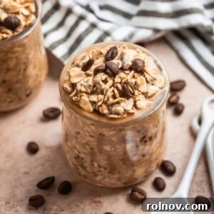Indulgent Vanilla Cold Brew Overnight Oats in a jar, ready for a Grab-and-Go healthy breakfast that combines coffee and oatmeal.