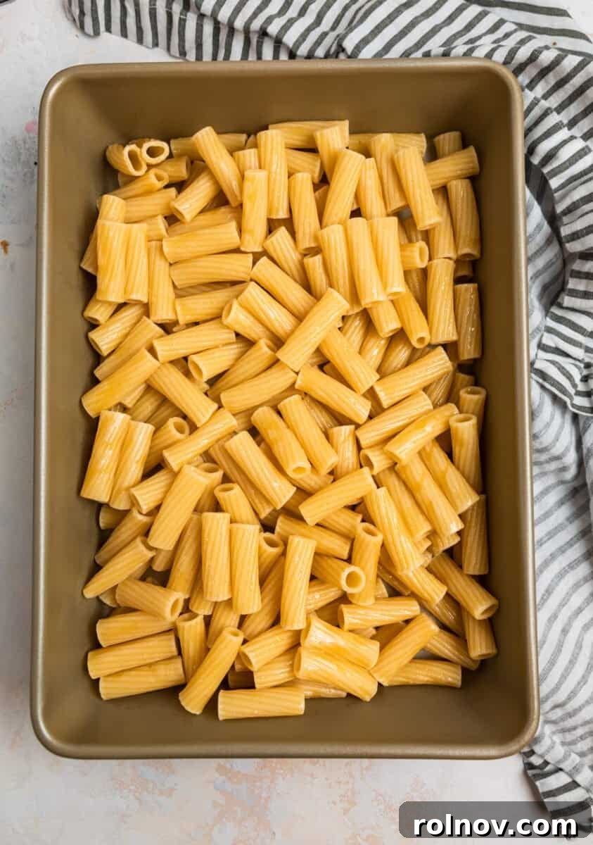 Pasta in 9x13 inch pan.