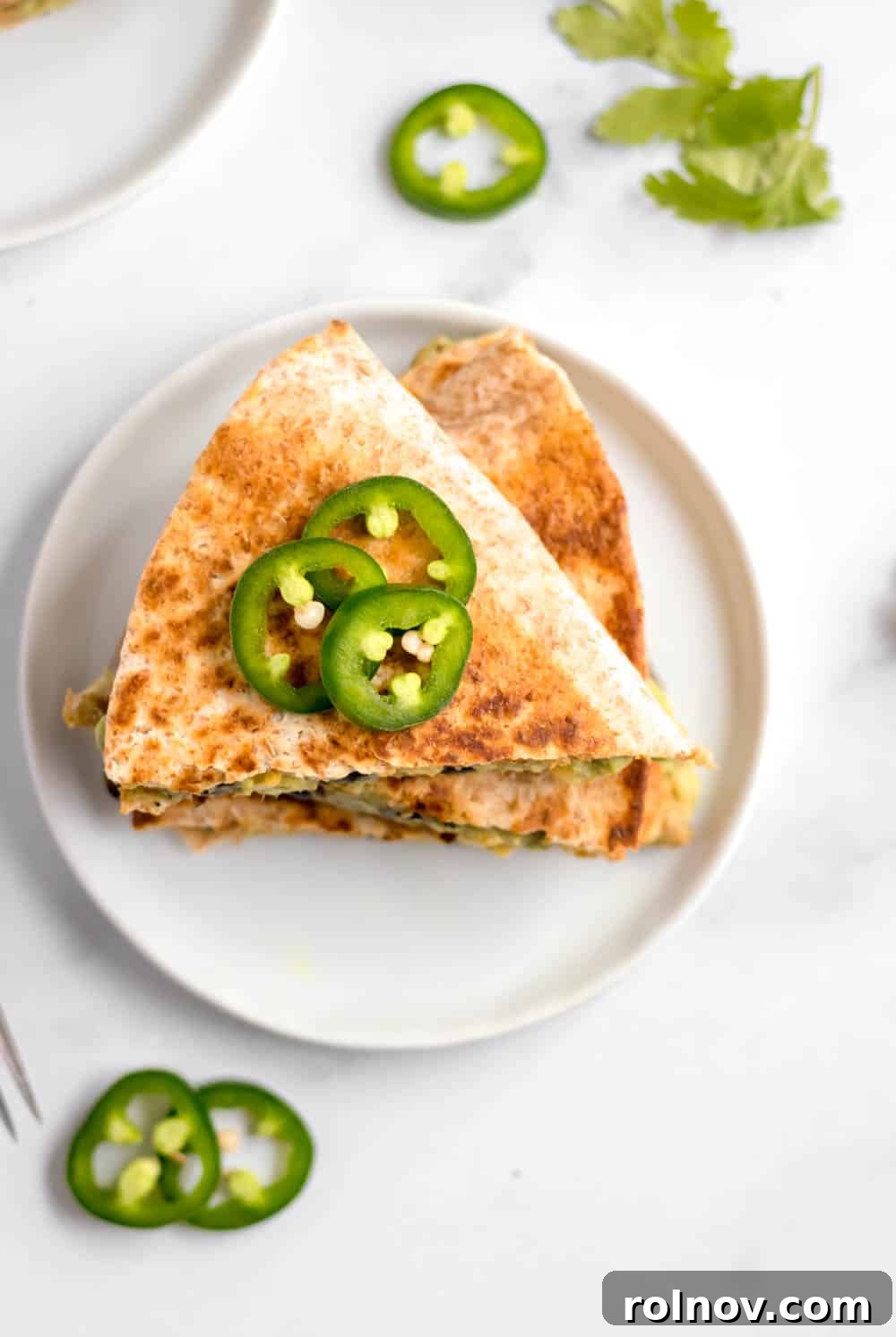 Vibrant black bean and avocado quesadilla on a pristine white plate, garnished with a fresh jalapeño slice, promising a delightful plant-based meal.