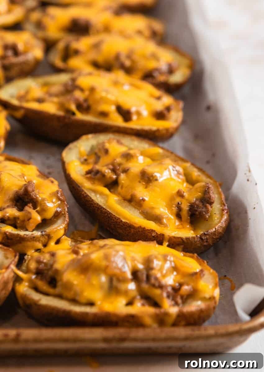 Cheesy Burger Potato Boats 13 Baked cheeseburger potato skins.