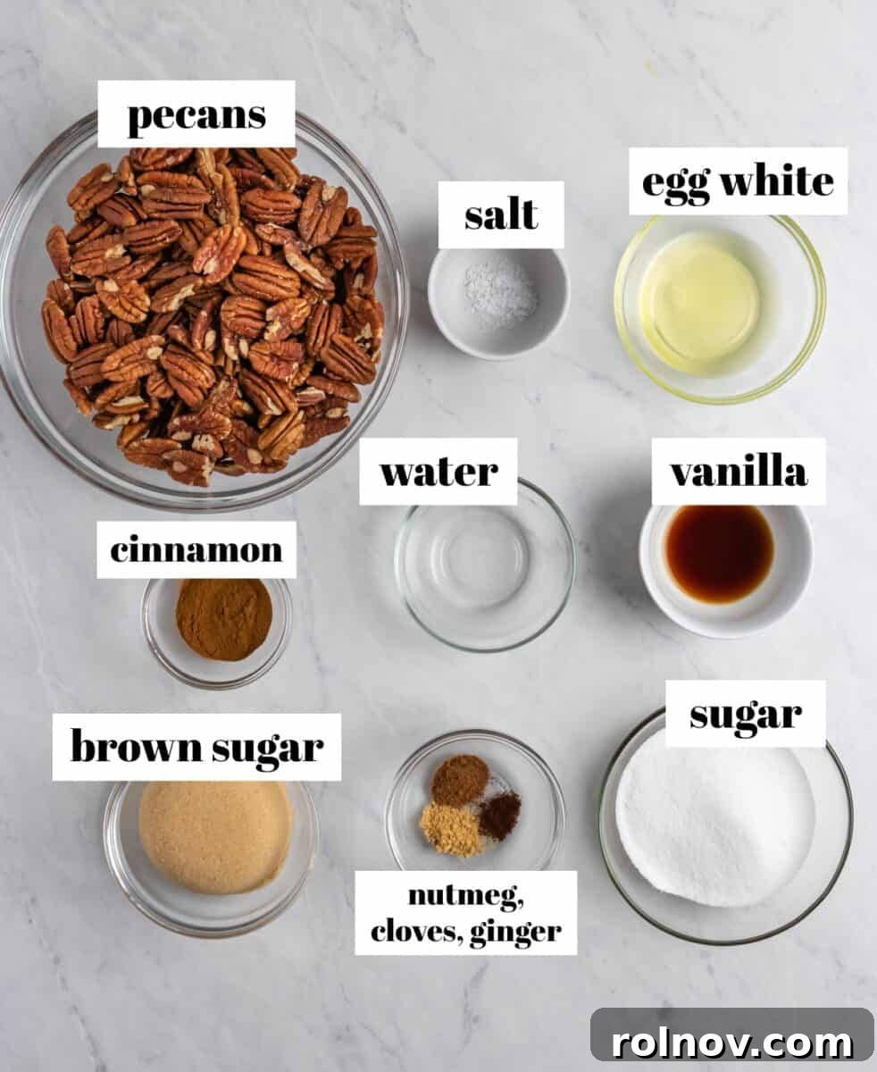 Crock Pot Pumpkin Spice Glazed Pecans 3 Various ingredients for the candied pecan recipe, including cinnamon, sugar, brown sugar, and nuts, neatly arranged on a white kitchen counter.