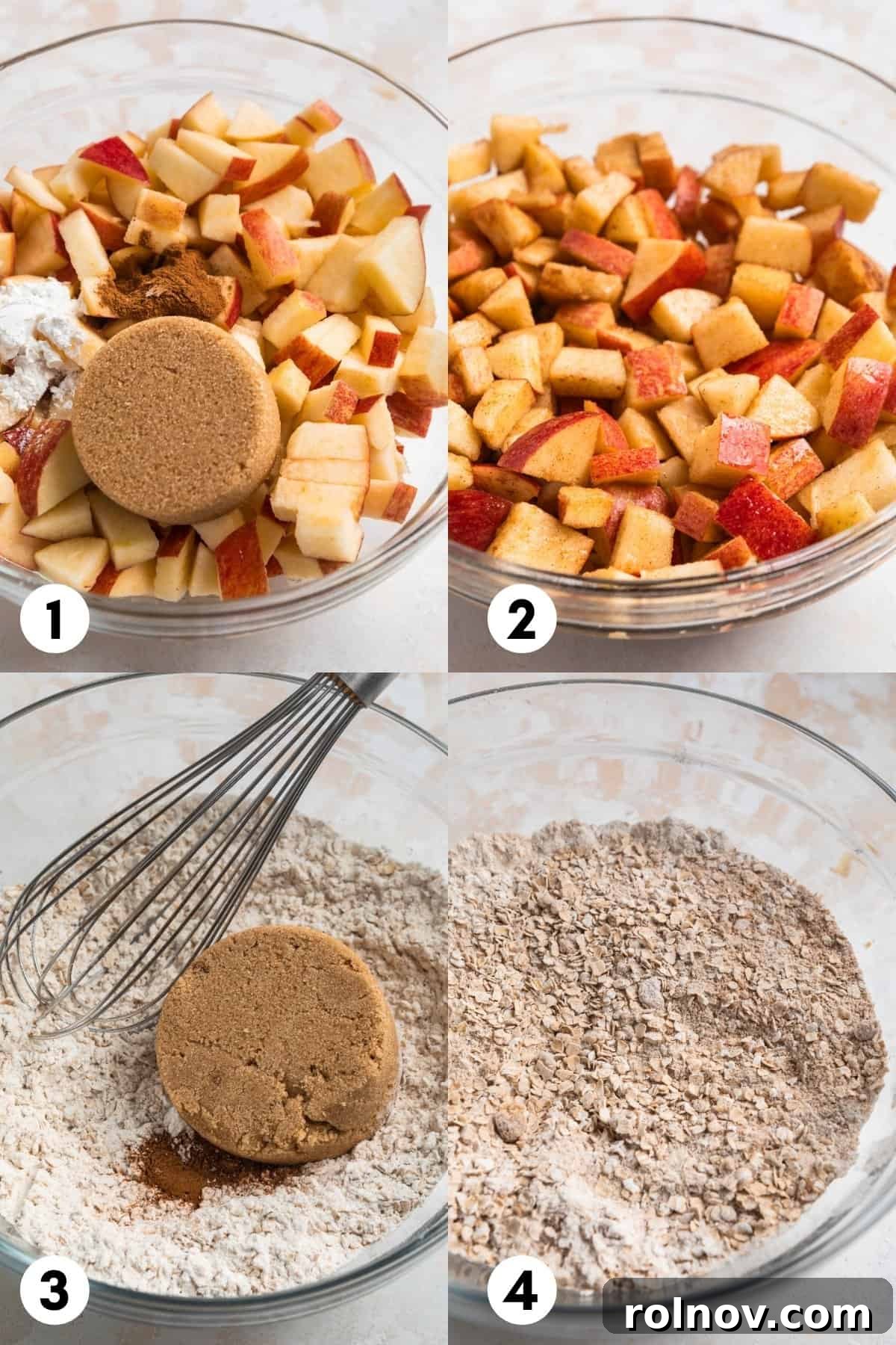 Golden Apple Crumble Bars 4 Mixing bowls showing diced apples tossed with brown sugar and cinnamon in one, and dry oat crumble mixture in another.
