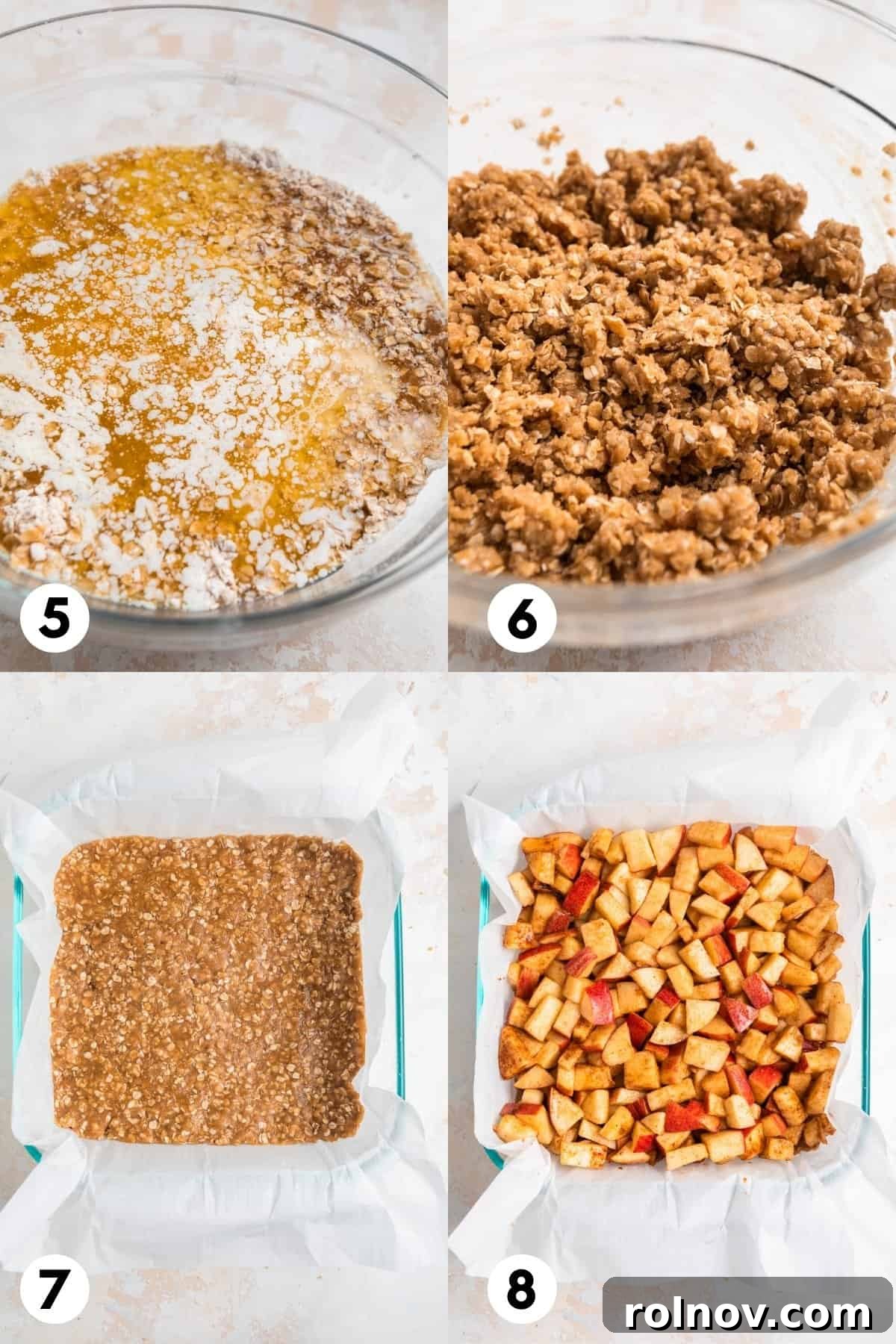 Golden Apple Crumble Bars 5 Melted butter being mixed into the crumble ingredients, followed by an image of the first layer of oat crust pressed into a baking pan with apples on top.
