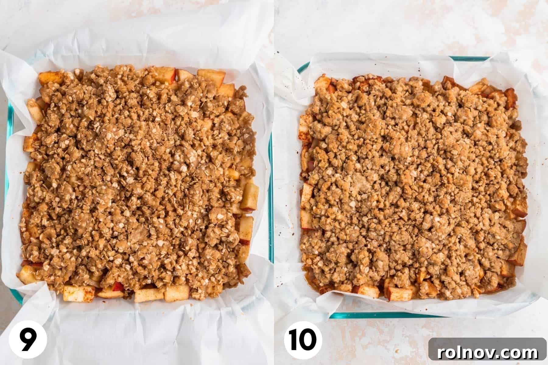 Golden Apple Crumble Bars 6 Two images side-by-side: apple crumble bars before baking, showing raw layers, and after baking, with a golden and crisp topping.
