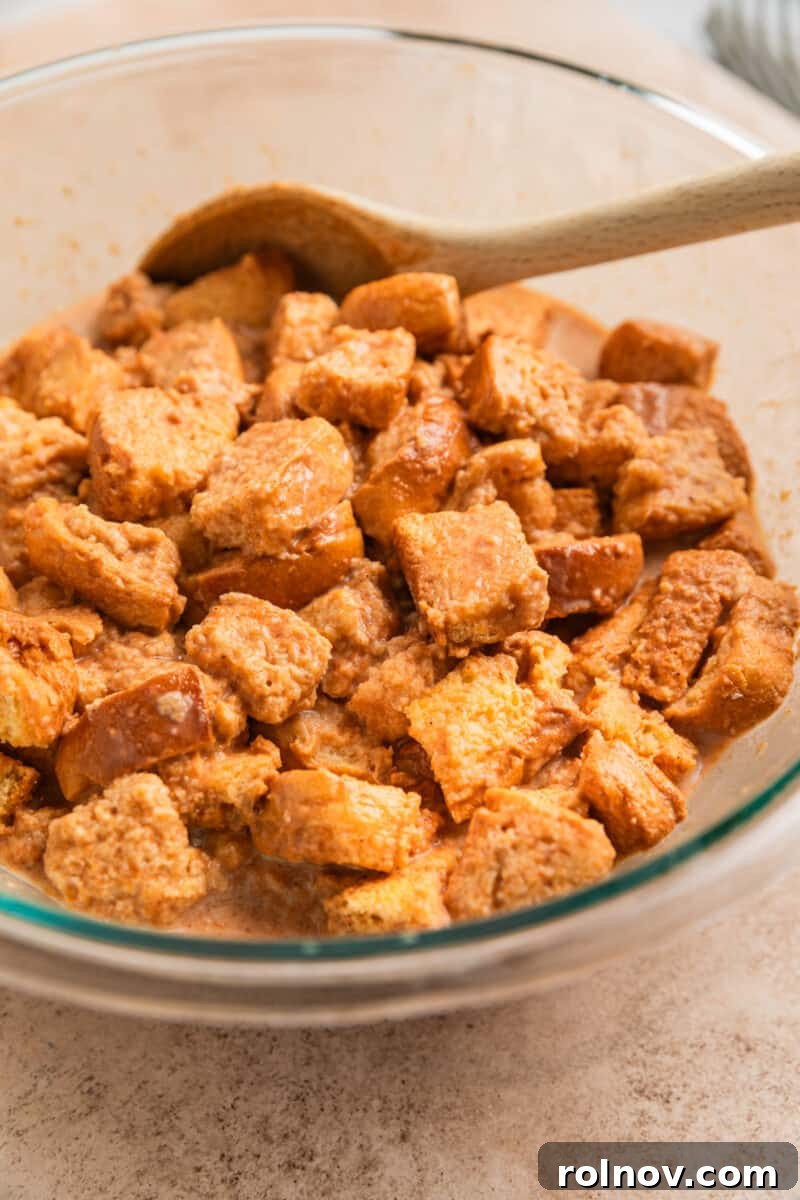 Pumpkin Spice French Toast Bake 5 Brioche bread cubed and combined with pumpkin French toast egg mixture.